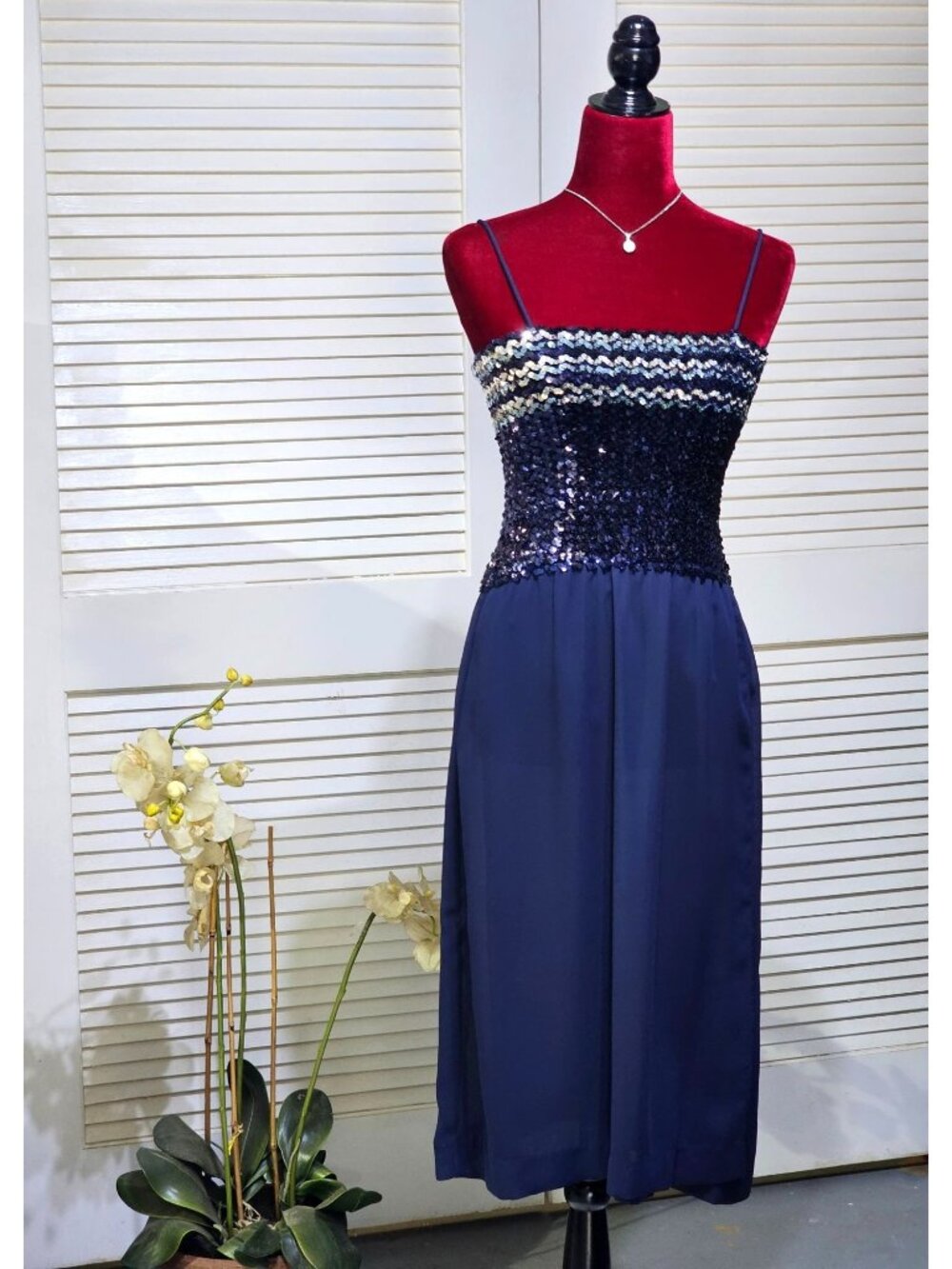 Vintage 70’s  Women's Norman Berg Navy Sequin Chiffin Disco Dress Size S 2781